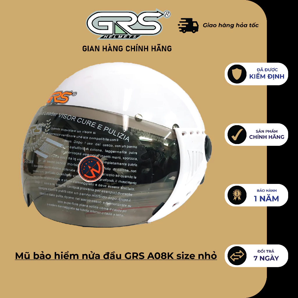 Mũ bảo hiểm nửa đầu có kính GRS A08K size bé (màu trắng)