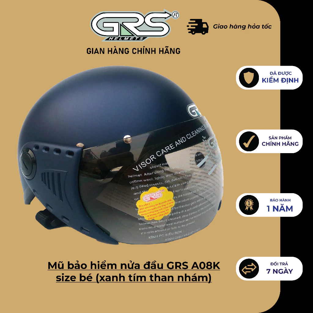 Mũ bảo hiểm nửa đầu GRS A08K size bé (xanh tím than nhám)