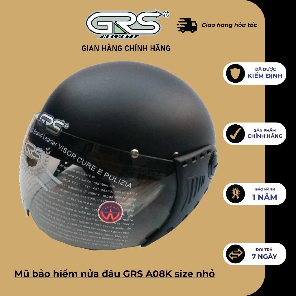 Mũ bảo hiểm nửa đầu GRS A08K size nhỏ - dành cho người trưởng thành có vòng đầu nhỏ